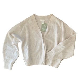 {H&M} Cream/Ivory Pearl Studded Oversized Cropped Cardigan NWT Size Large